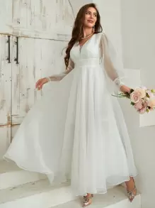 SHEIN Belle Của phụ nữ Tay áo dài mỏng Cô dâu - trắng - Xem 5