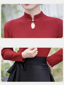 Slim Fit Long Sleeve Sweater Top, Suitable As Base Layer For Hanfu Chinese Traditional Wear, Fall/Winter - Red - View 3