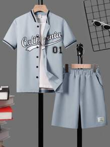 SHEIN Conjunto De Camisa Com Colarinho De Beisebol E Shorts Com Estampa De Letras Para Meninos Adolescentes - Azul bebê - Visão 1