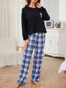 女士格紋拼接上衣和格紋長褲休閒家居套裝 - 藍色 - 查看 4