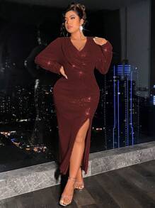 Allurite Plus Size Women'S Side Slit Sequin Dress - Burgundy - View 1