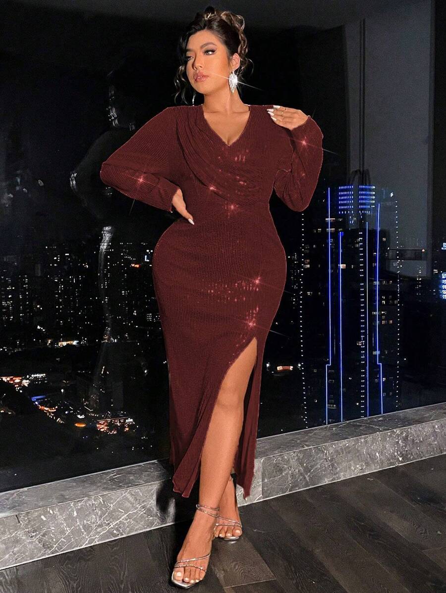 Allurite Plus Size Women'S Side Slit Sequin Dress - Burgundy - View 1