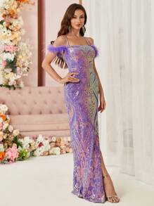 SHEIN Belle Side High Slit, Geometric Sequin Embellished Women's Evening Gown (Deluxe)