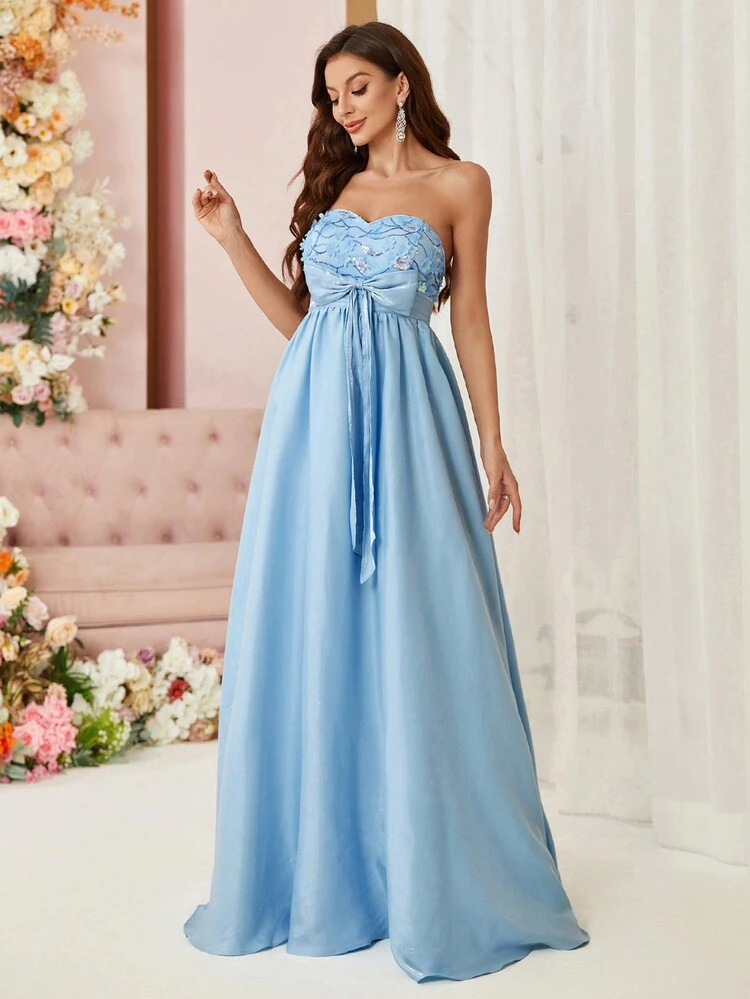 Women'S Evening Dress With Bow Knot On The Front Made Of Heavyweight Sequined Satin, Featuring 3d Flowers Embroidery And Glittering Surface