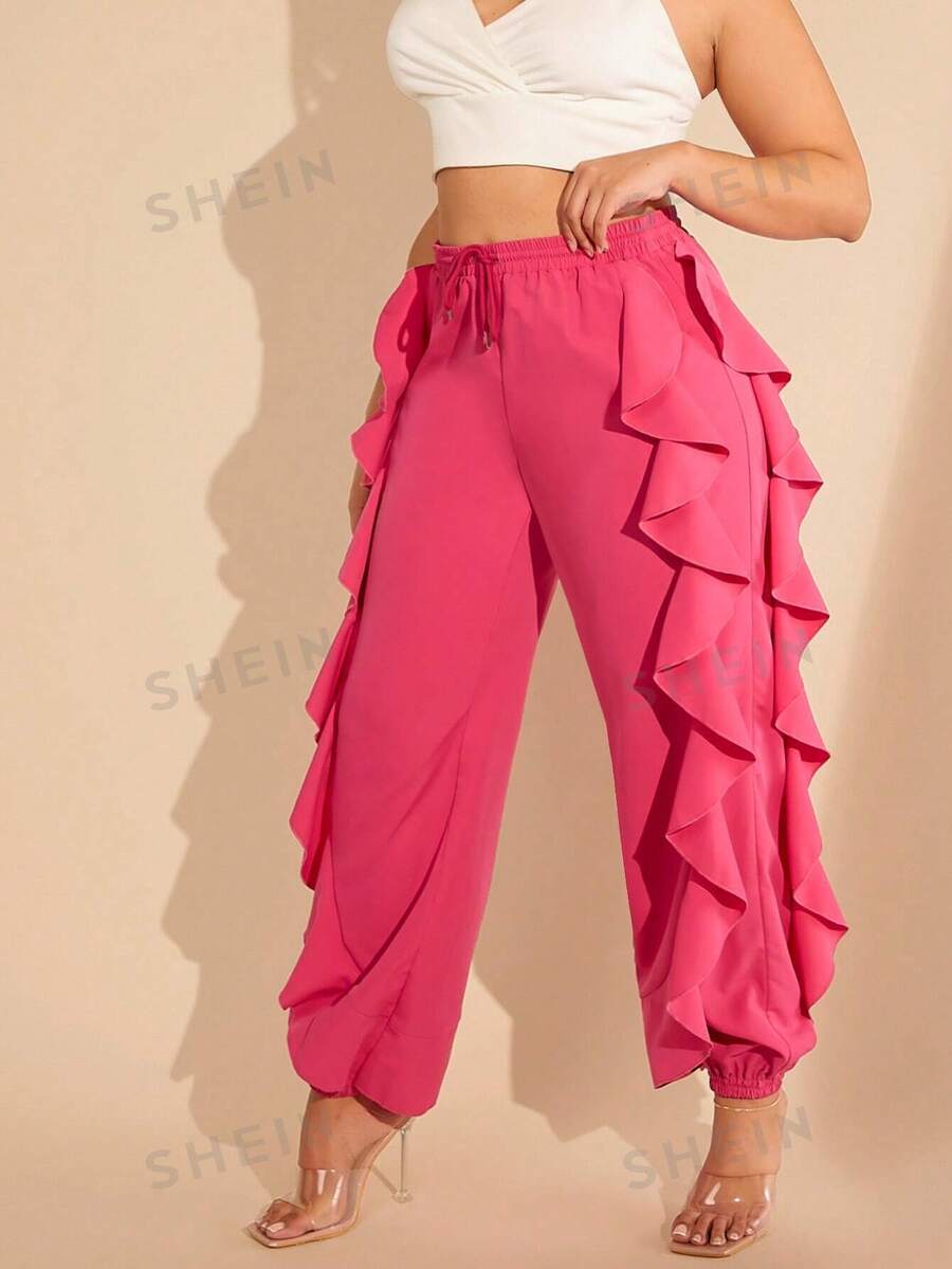 Hauture Pantalones con cintura ajustable con cordón y volantes talla grande - Rosa Fucsia - Ver 1