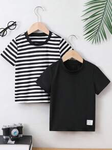 男童條紋短袖t恤和純色短袖t卹 - 黑與白 - 查看 1