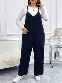 SHEIN LUNE 女士大碼純色肩帶連身褲 - 藏蓝色 - 查看 3