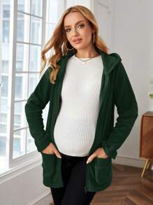 SHEIN 孕婦連帽拉鍊外套,開襟設計配鈕扣裝飾 - 墨綠色 - 查看 3