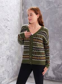 Teen Girls' Geometric Pattern Drop Shoulder Cardigan - Multicolor - View 6