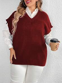 Calvaya Plus Size Solid Color Knitted Top - Burgundy - View 3