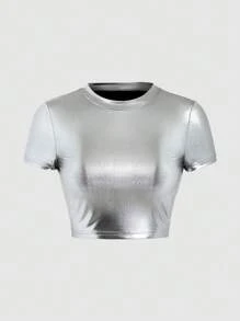 EgrlEra Áo thun ngắn tay ánh kim phong cách Y2K - Bạc - Xem 1