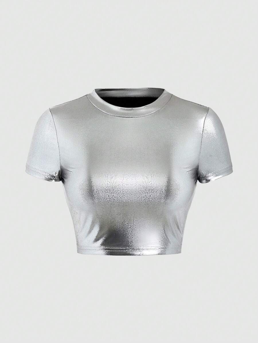 EgrlEra Áo thun ngắn tay ánh kim phong cách Y2K - Bạc - Xem 1