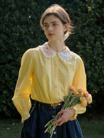 Simple Retro Patchwork Embroidered Peter Pan Neck Ruffle Shirt