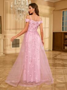 Glitter Mesh Splicing Formal Evening Gown - Pink - View 2