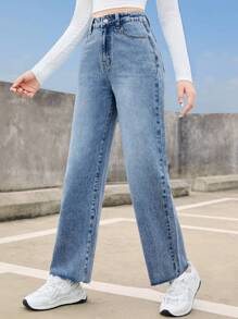 SHEIN Teenage Girls' Straight Leg Jeans - Medium Wash - View 4