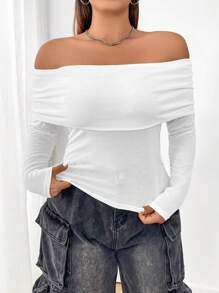 Flirla Plus Size Women's Solid Color Off Shoulder Top - White - View 1