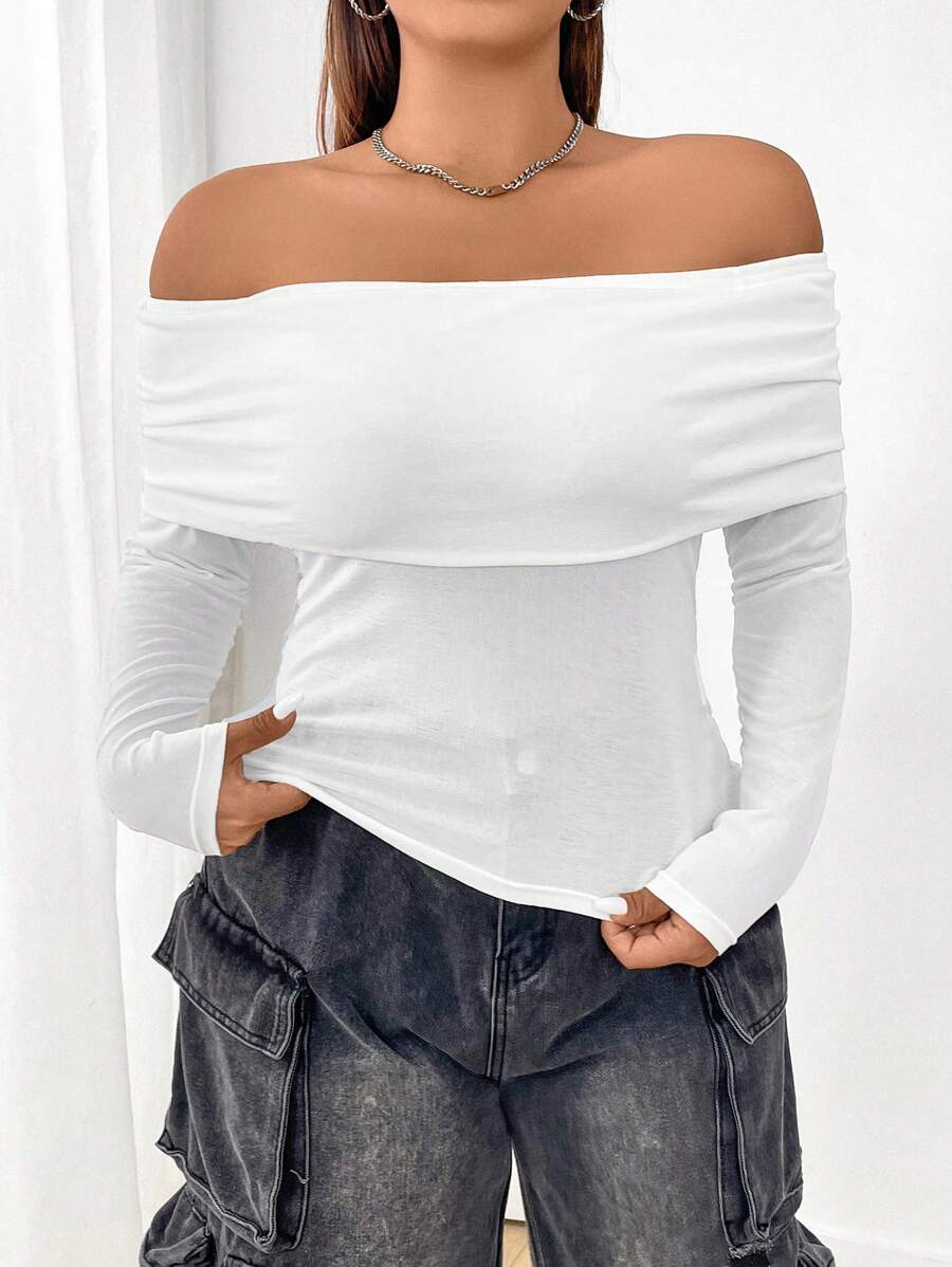 Flirla Plus Size Women's Solid Color Off Shoulder Top - White - View 1