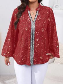 SHEIN Clasi Kích thước lớn In Sao Long lanh Vá lại Cổ áo có khía Áo sơ mi - Màu Đỏ Sâu - Xem 4