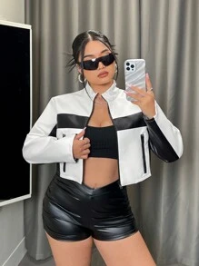 SHEIN ICON Women's Plus Size Color Block Motorcycle Style Double Zipper Jacket, For Winter Fall Autumn - Black and White - View 3
