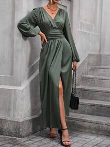 SHEIN Clasi 分割裾v領襯托袖子洋裝 - 軍綠色 - 查看 1