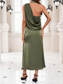 Zolique Solid Halter Top With Matching Skirt Two Piece Set - Army Green - View 1