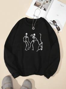SHEIN EZwear Sudadera Con Estampado De Calavera De Mujer - Negro - Ver 1