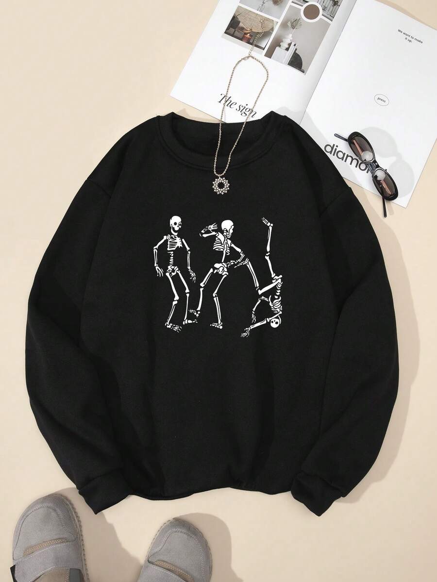 SHEIN EZwear Sudadera Con Estampado De Calavera De Mujer - Negro - Ver 1