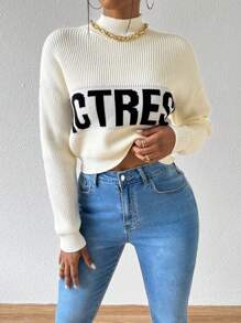 SHEIN Slayr Lá thư In Tay áo dài Áo len - trắng - Xem 1