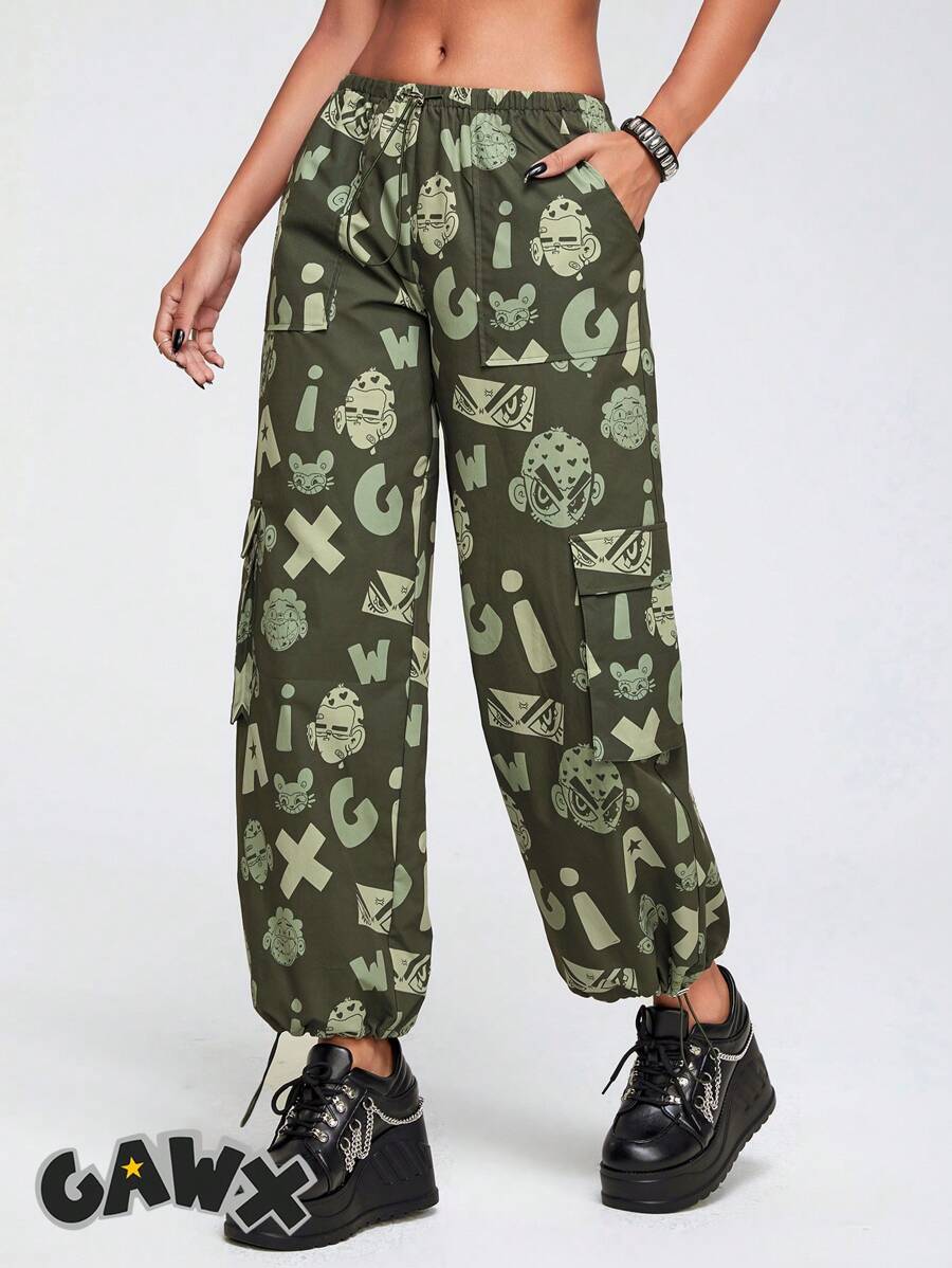 GAWX 艺术家全身印花抽绳下摆裤子，适合假期、度假、节日