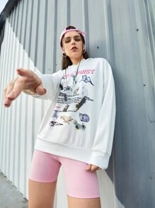 SHEIN Sports Sweat-shirt De Sport À Capuche Imprimé Animal Et Slogan Pour Femme - Blanc - Voir 5