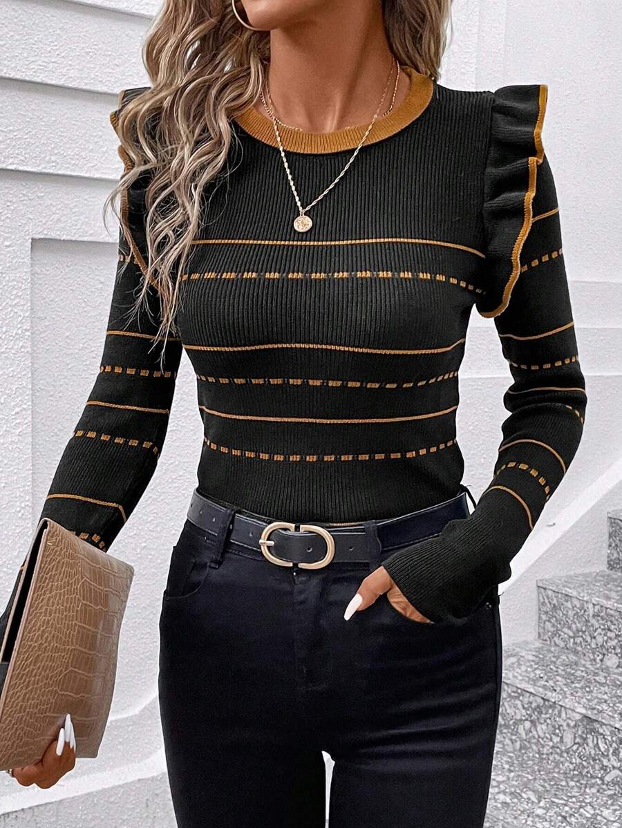 SHEIN Clasi Striped Tight Knit Sweater,Long Sleeve Tops - Black - View 1