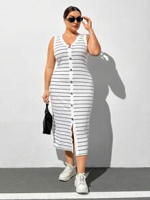 SHEIN Essnce Vestido de verano con botones delanteros y rayas en tallas grandes - Blanco y Negro - Ver 5
