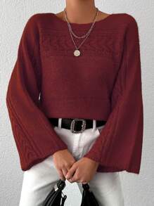 EURMUSE Ladies' Solid Color Batwing Sleeve Sweater - Burgundy - View 3