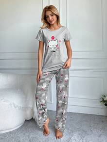 RueChic 女用字母卡通貓印花短袖上衣條紋長褲睡衣套裝帶眼罩 - 灰色 - 查看 4
