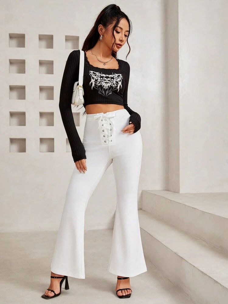 Women's Tie-Waist Flared Pants With Button Front