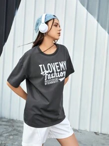 Street Sport Slogan Printed Round Neck Drop Shoulder Sleeve Sports T-Shirt - Black - View 4