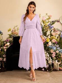 Simplee Women's V-Neck Puff Sleeve Mesh Embroidery Dress - Mauve Purple - View 3