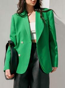 Anewsta Ladies' Solid Color Shawl Collar Double Breasted Blazer - Green - View 3