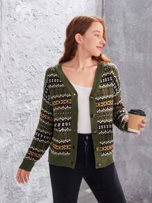 Teen Girls' Geometric Pattern Drop Shoulder Cardigan - Multicolor - View 5