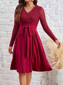 SHEIN Clasi Của phụ nữ Pha lê Trang trí Kim cương Vá lại Váy có thắt lưng - Màu Đỏ Sâu - Xem 5