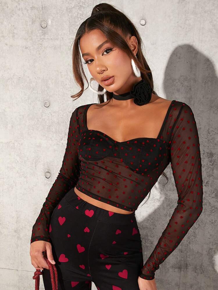 Women's Heart Mesh Long Sleeve T-Shirt