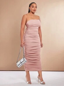SHEIN BAE Plus Size Strapless Ruched Dress, Wedding Guest Dress - Dusty Pink - View 3
