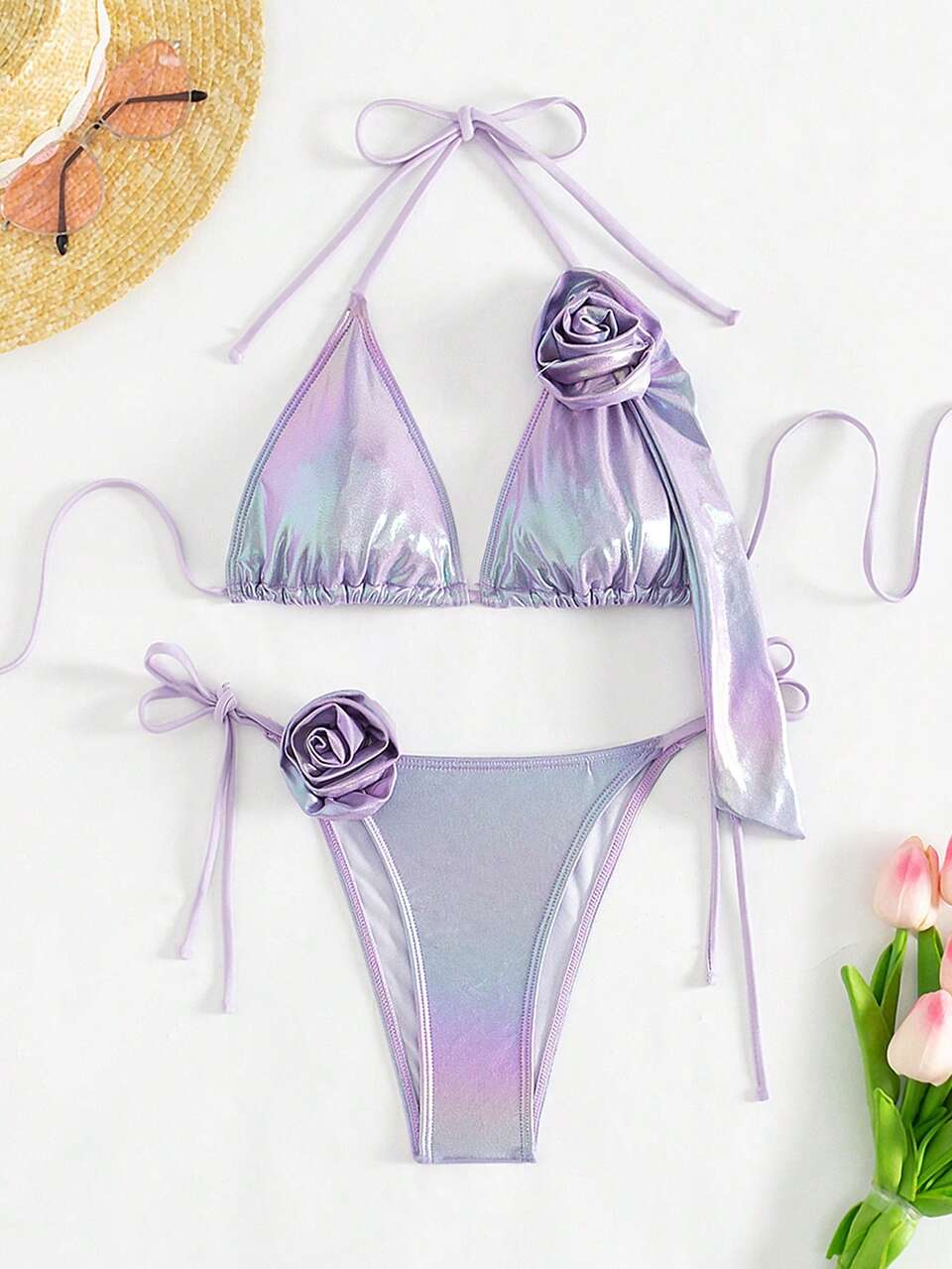 Women's Shiny Bikini Set With 3d Rose Knot Decoration Summer Beach