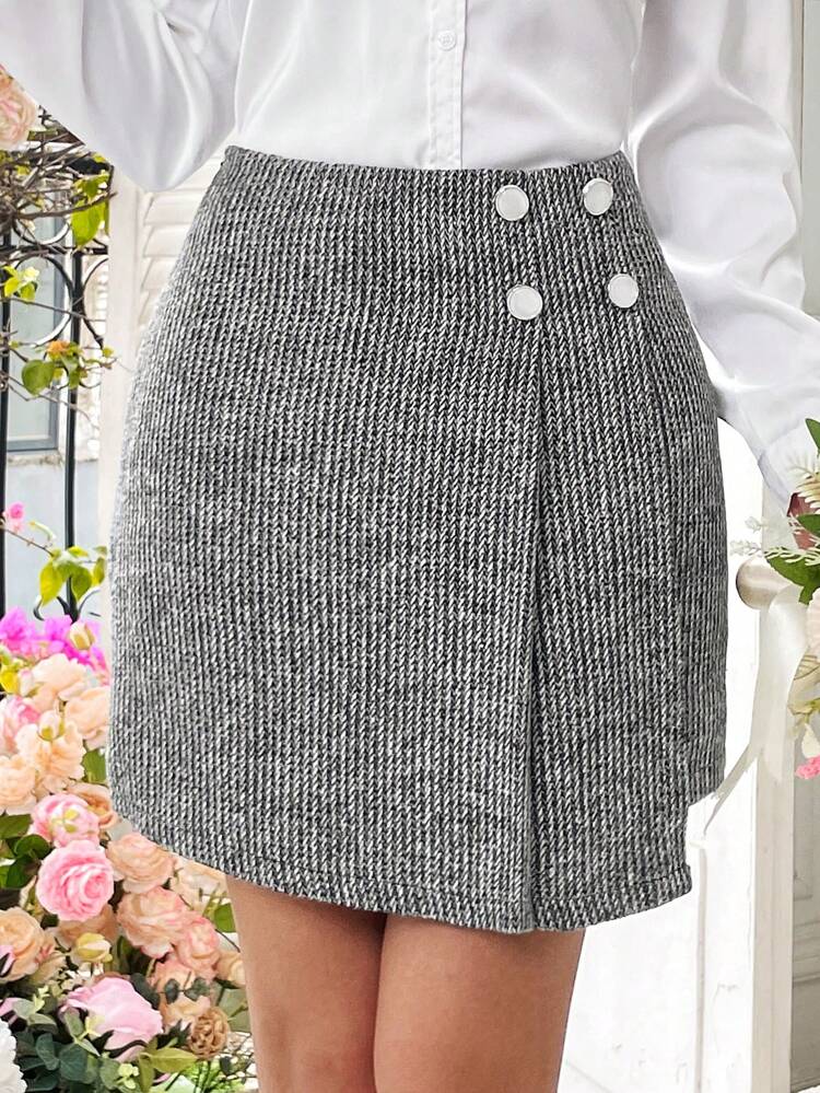 Wrap Style Asymmetrical Skirt With Button Decors