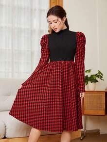 SHEIN 青少女毛線拼接大腳骨圖案立領泡泡袖休閒裙,無腰帶 - 酒紅色 - 查看 3