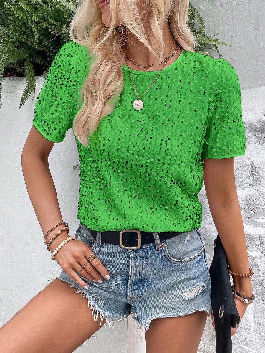 SHEIN LUNE Blusa De Lentejuelas De Manga Corta - Verde - Ver 1
