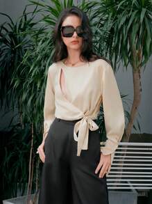 Anewsta 女士裹身領帶上衣 - 杏色 - 查看 1