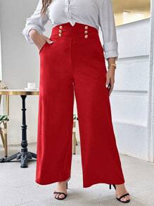 SHEIN Privé 休閒大碼女士寬褲 - 紅色 - 查看 1