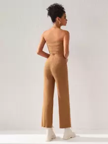 Queen Is The Title Designer Solid Ribbed Knit Tube Top & Wide Leg Pants, Fall Women Co-Ords, For Autumn, Holiday, Winter, Vacation - Camel - View 2