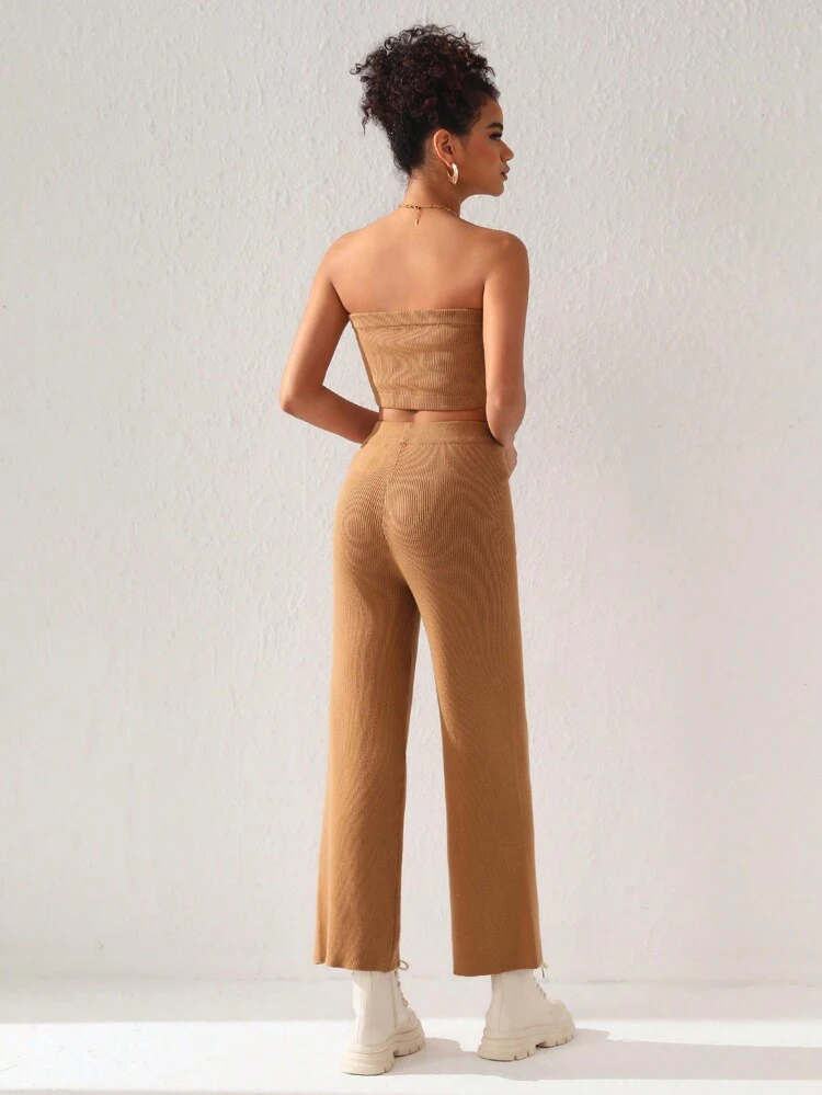 Designer Solid Ribbed Knit Tube Top & Wide Leg Pants, Fall Women Co-Ords, For Autumn, Holiday, Winter, Vacation